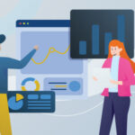 Graphic of two people Looking at charts and graphs representing a risk assessment