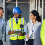 An engineer and the safety team walking a construction site discussing risk awareness