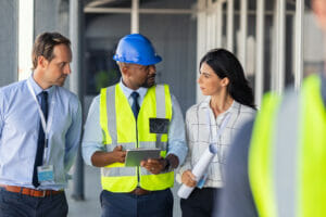 An engineer and the safety team walking a construction site discussing risk awareness